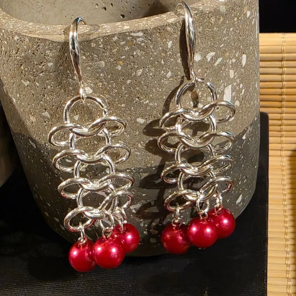 Handmade Red Glass Pearls Edgy Sterling Silver Plated Chainmaille Earrings